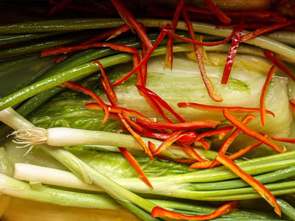 Close-up of fresh vegetables, including green onions, napa cabbage, and thin slices of red chili peppers, arranged in a colorful display.